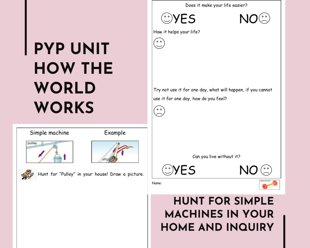 PYP unit How the World Works, Hunt for Simple Machines in your home and inquiry